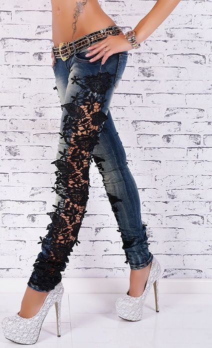 F8910 Sexy Womens Skinny Ripped Distressed Lace Jeans